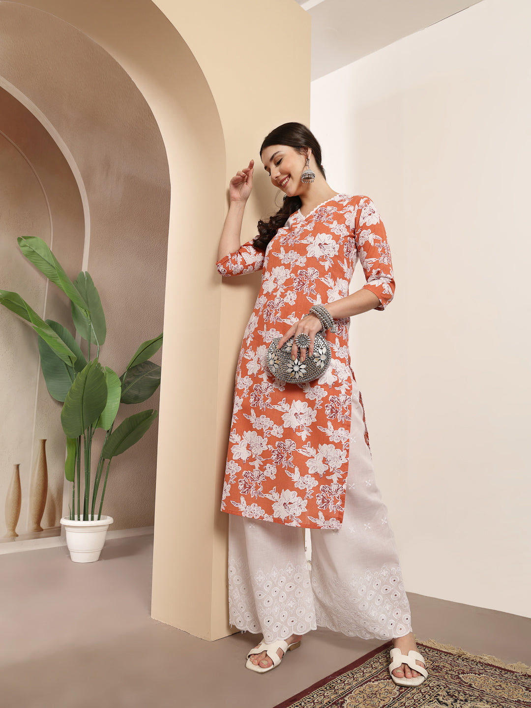 Women's Orange Floral Printed Cotton Straight Kurta (ORANGESUNFEAST) |