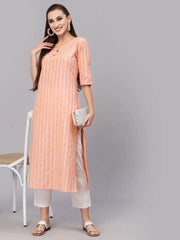 Women's Self Woven Striped Cotton Blend Straight Kurta-ORANGEYASHI-S