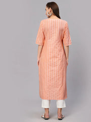 Women's Self Woven Striped Cotton Blend Straight Kurta-ORANGEYASHI-S