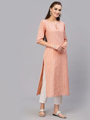 Women's Self Woven Striped Cotton Blend Straight Kurta-ORANGEYASHI-S