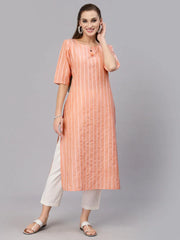 Women's Self Woven Striped Cotton Blend Straight Kurta-ORANGEYASHI-S
