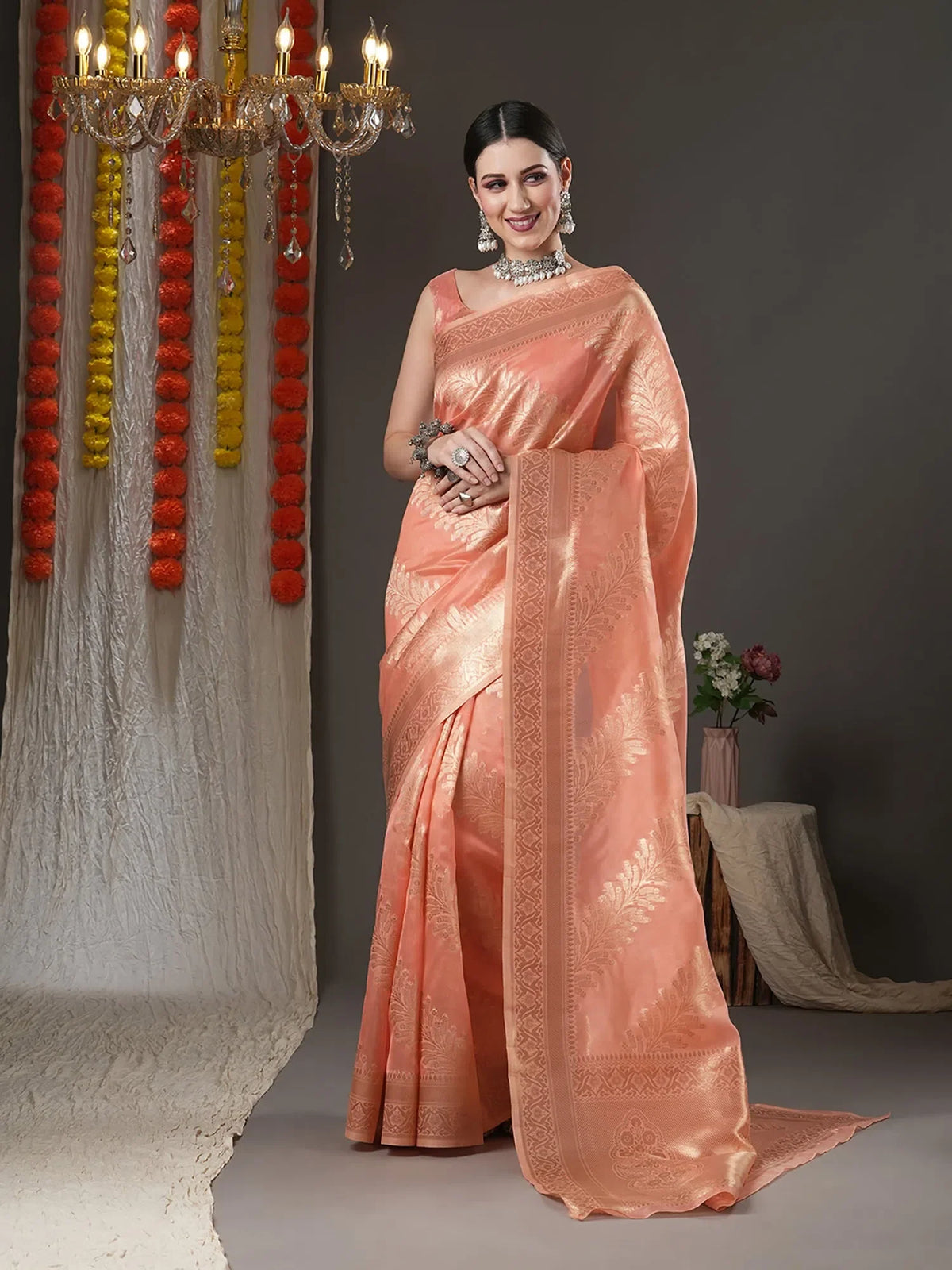 Women's Organza Peach Woven Design Designer Saree With Blouse Piece-ORGCL09