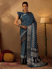 Women's  Blend Teal Blue Printed Designer Saree With Blouse Piece-OXFORD10D