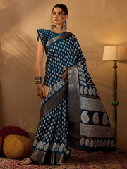 Women's  Blend Teal Blue Printed Designer Saree With Blouse Piece-OXFORD10D