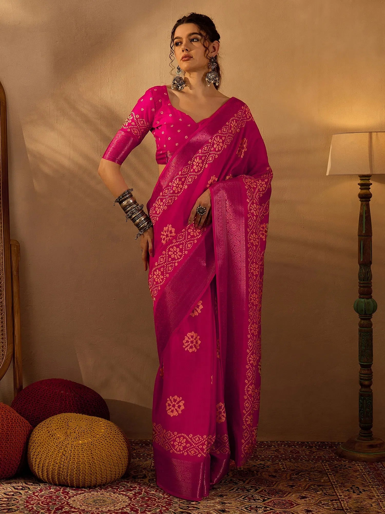 Pink Printed Polyester Saree - Indian Sarees & Blouse