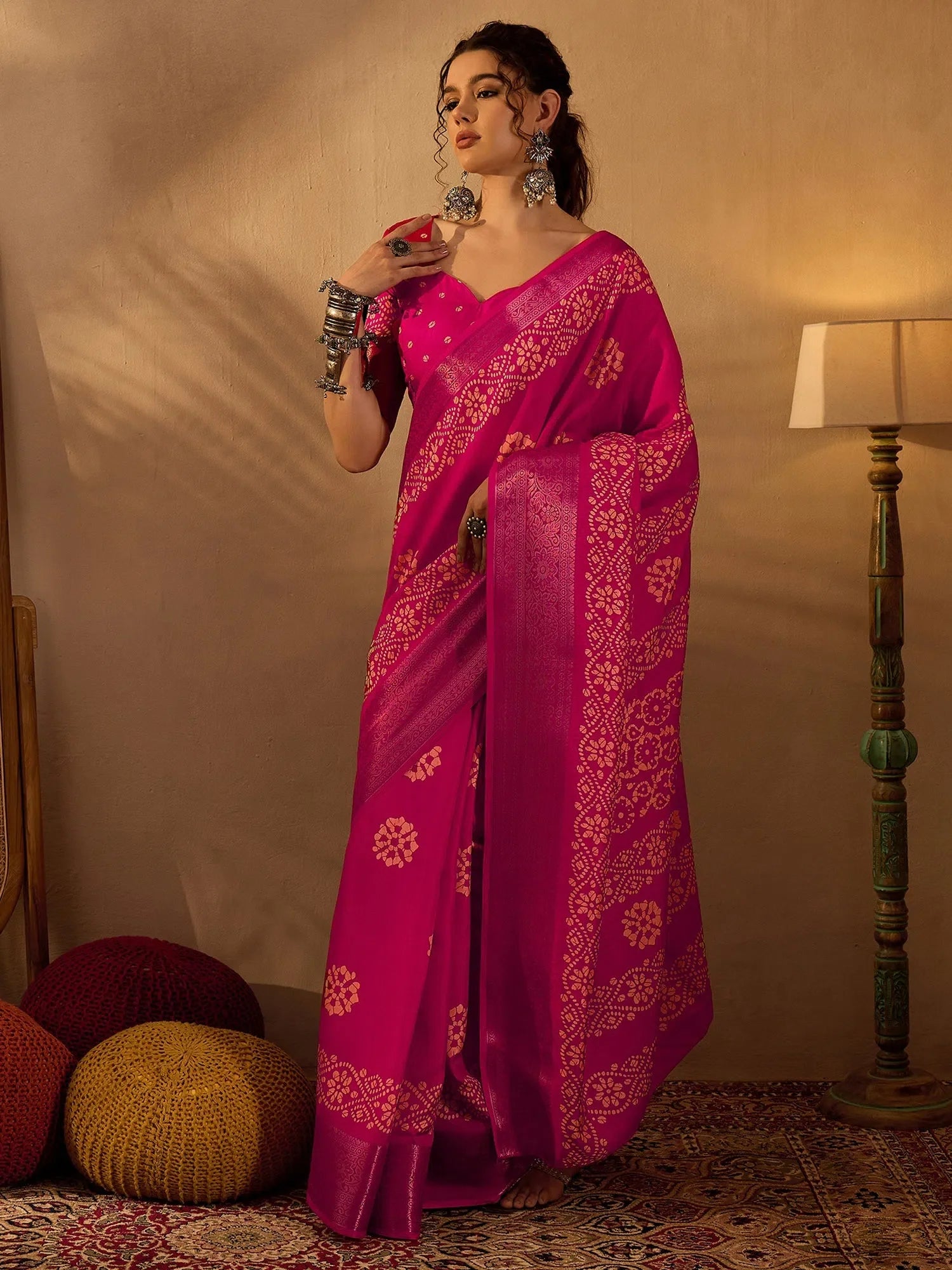 Pink Printed Polyester Saree - Indian Sarees & Blouse