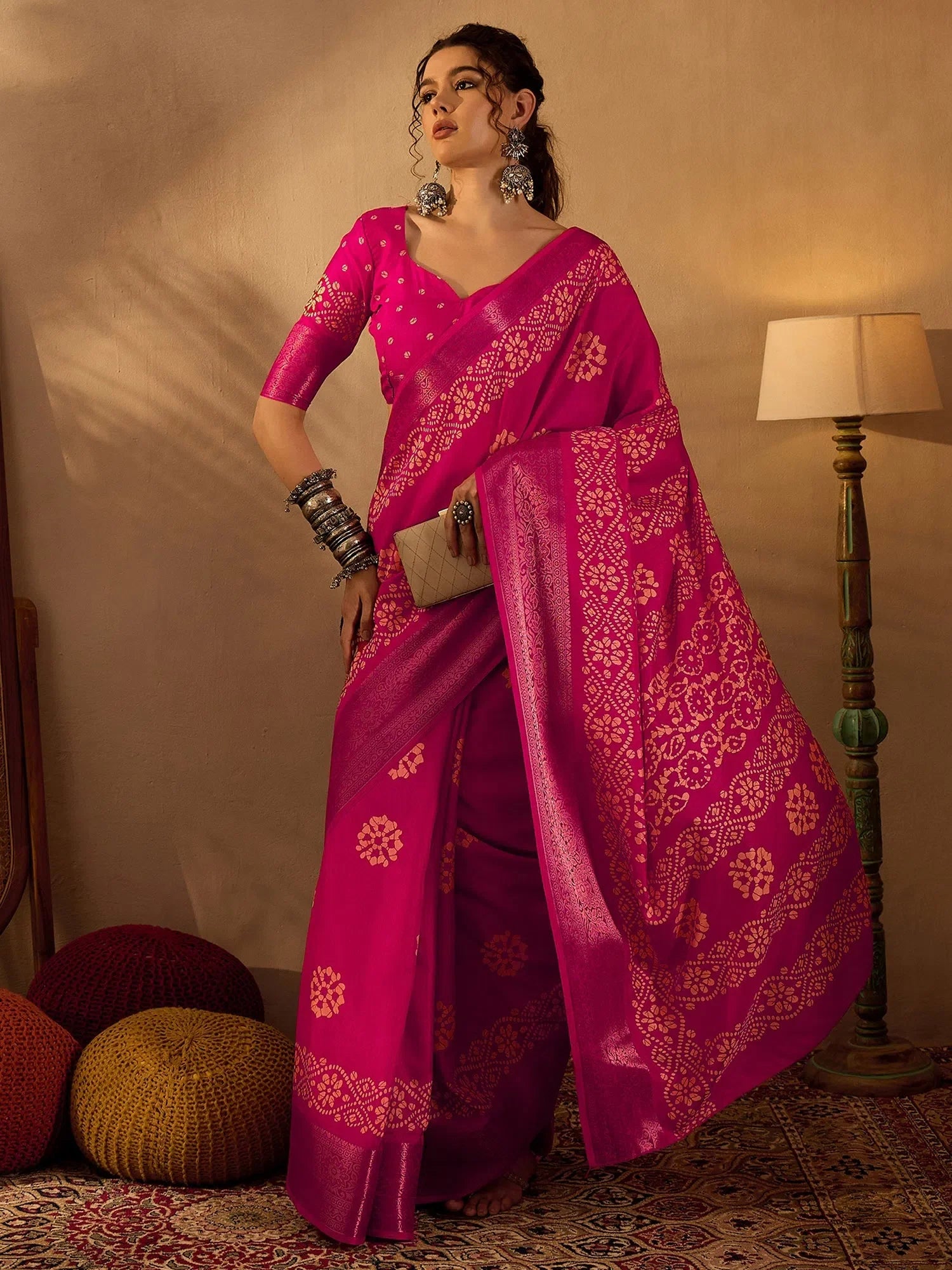 Pink Printed Polyester Saree - Indian Sarees & Blouse
