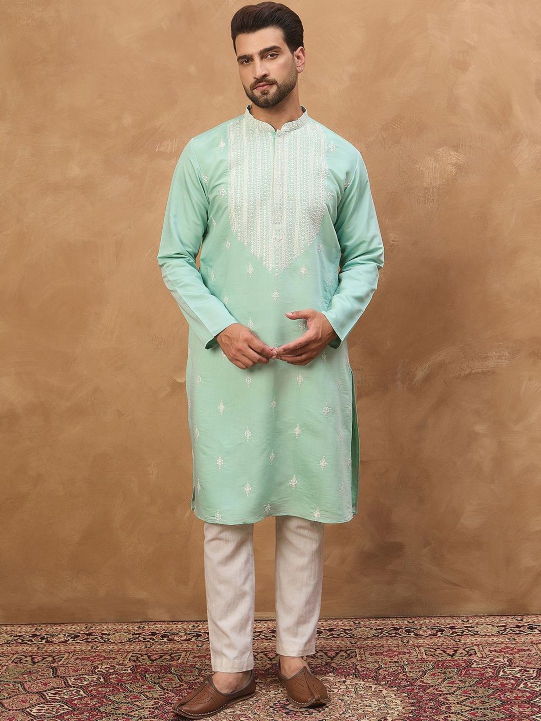 Ethnic Bay Men Blue Silk Blend Solid Embroidered Straight Kurta With Pant Set-MKSET1511