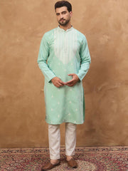 Ethnic Bay Men Blue Silk Blend Solid Embroidered Straight Kurta With Pant Set-MKSET1511