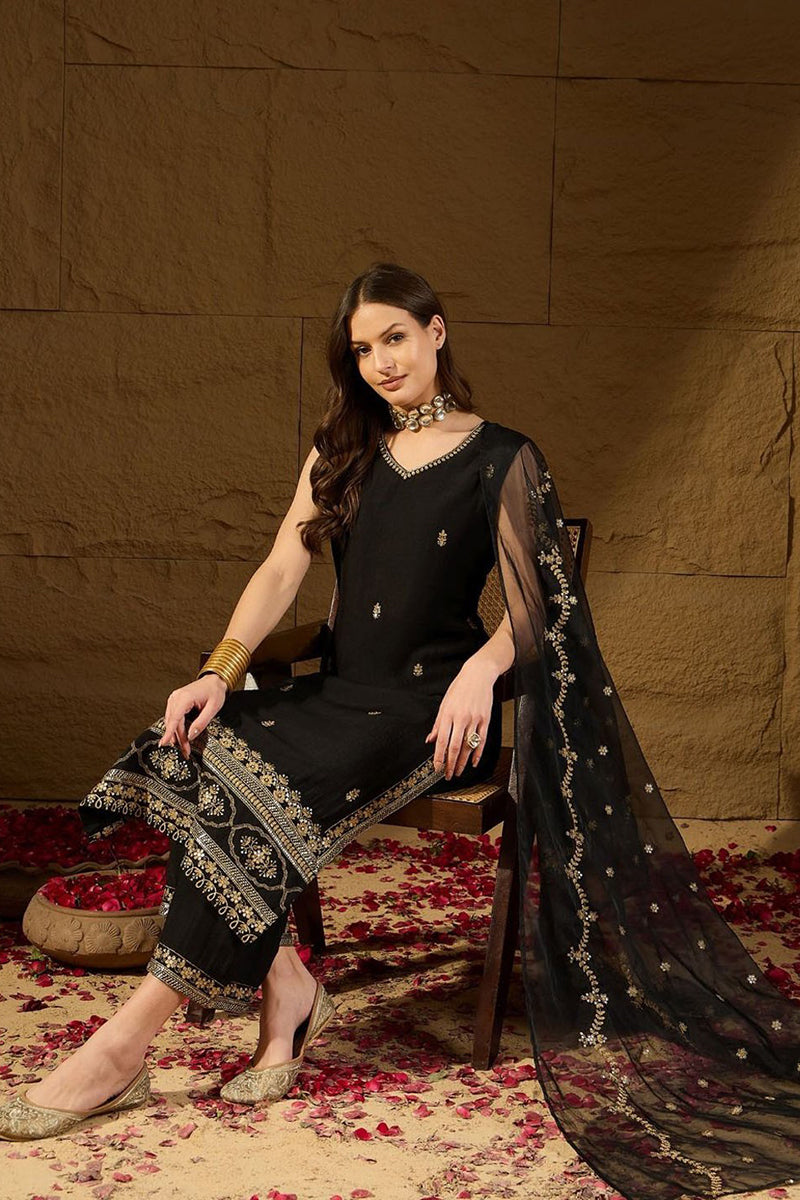 Black Silk Blend Embroidered Straight Kurta Palazzo With Dupatta HOPKS
