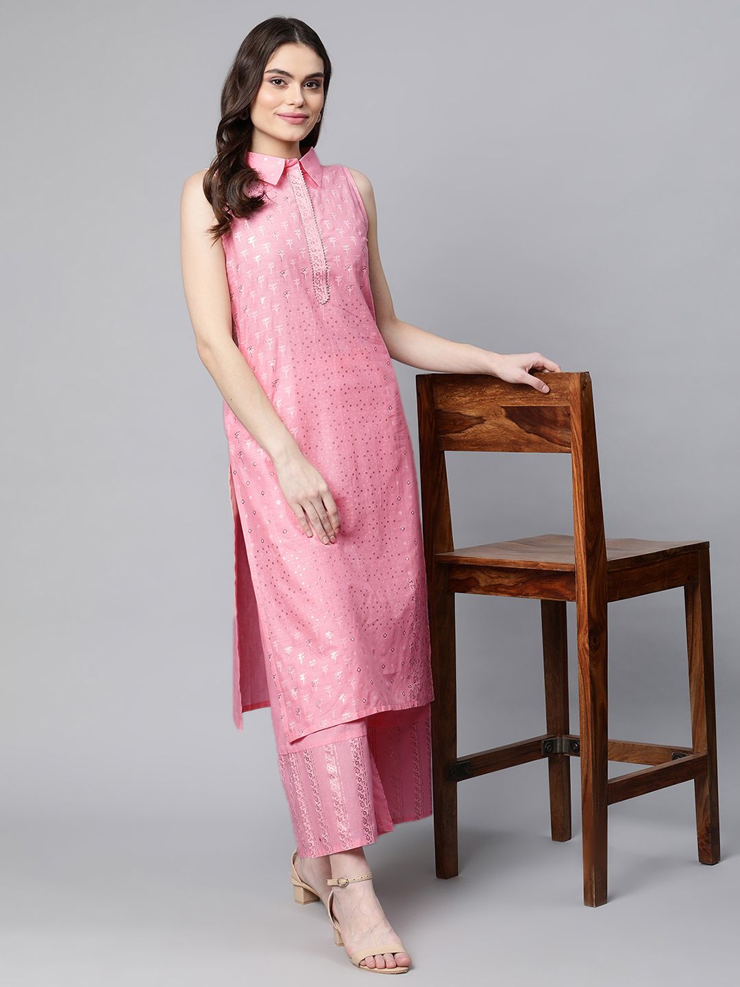 Light Pink Cotton Printed Kurta Palazzo Set | Kurta Palazzo Set