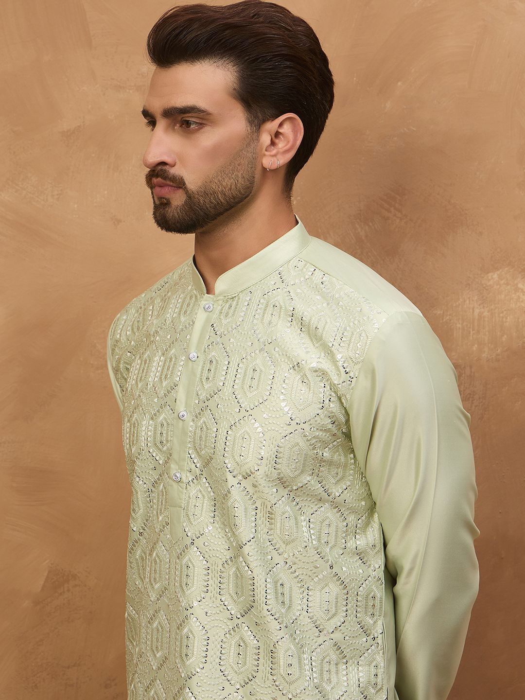 Ethnic Bay Men Peach Silk Blend Solid Embroidered Straight Kurta With Pant Set-MKSET1445