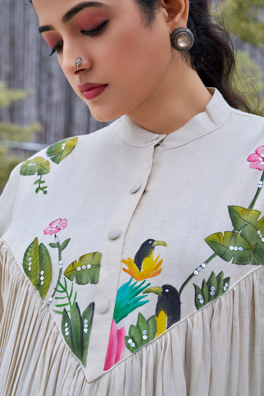 Plus Size Off-white Casual Wear Hand-painted Dress With Stand Collar-CL-SW-3050