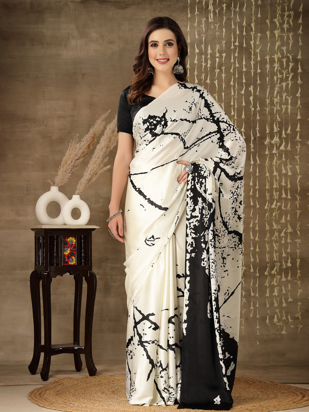 Women's Tie & Dye Print Satin Saree (Offwhiteshakira) | DesiQlo