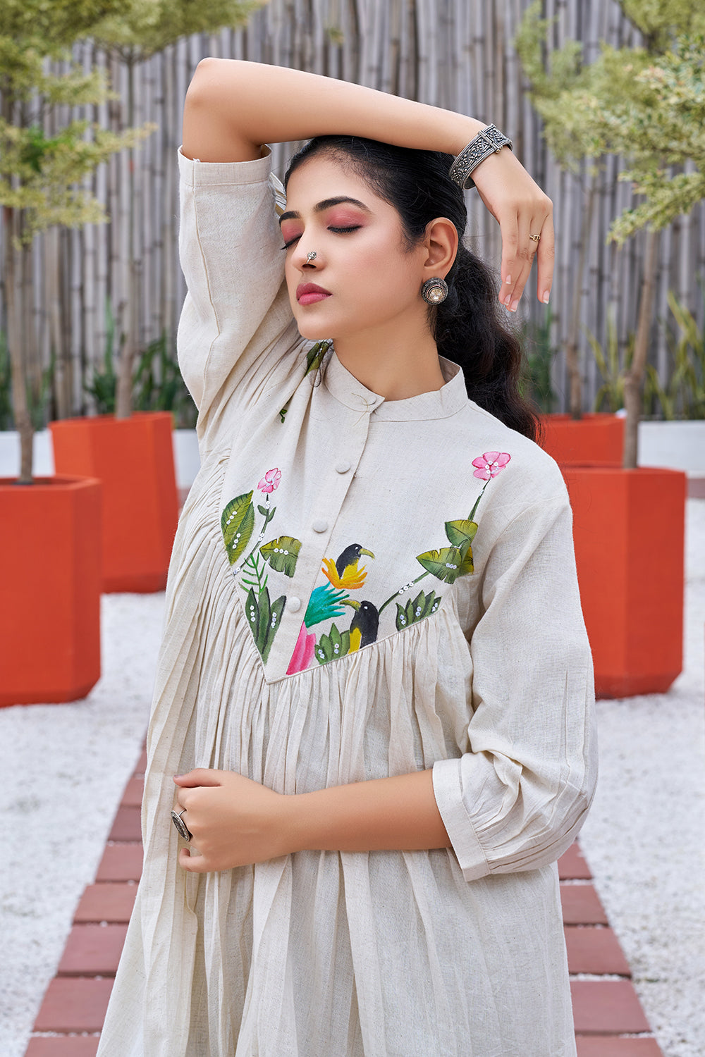 Plus Size Off-white Casual Wear Hand-painted Dress With Stand Collar-CL-SW-3050