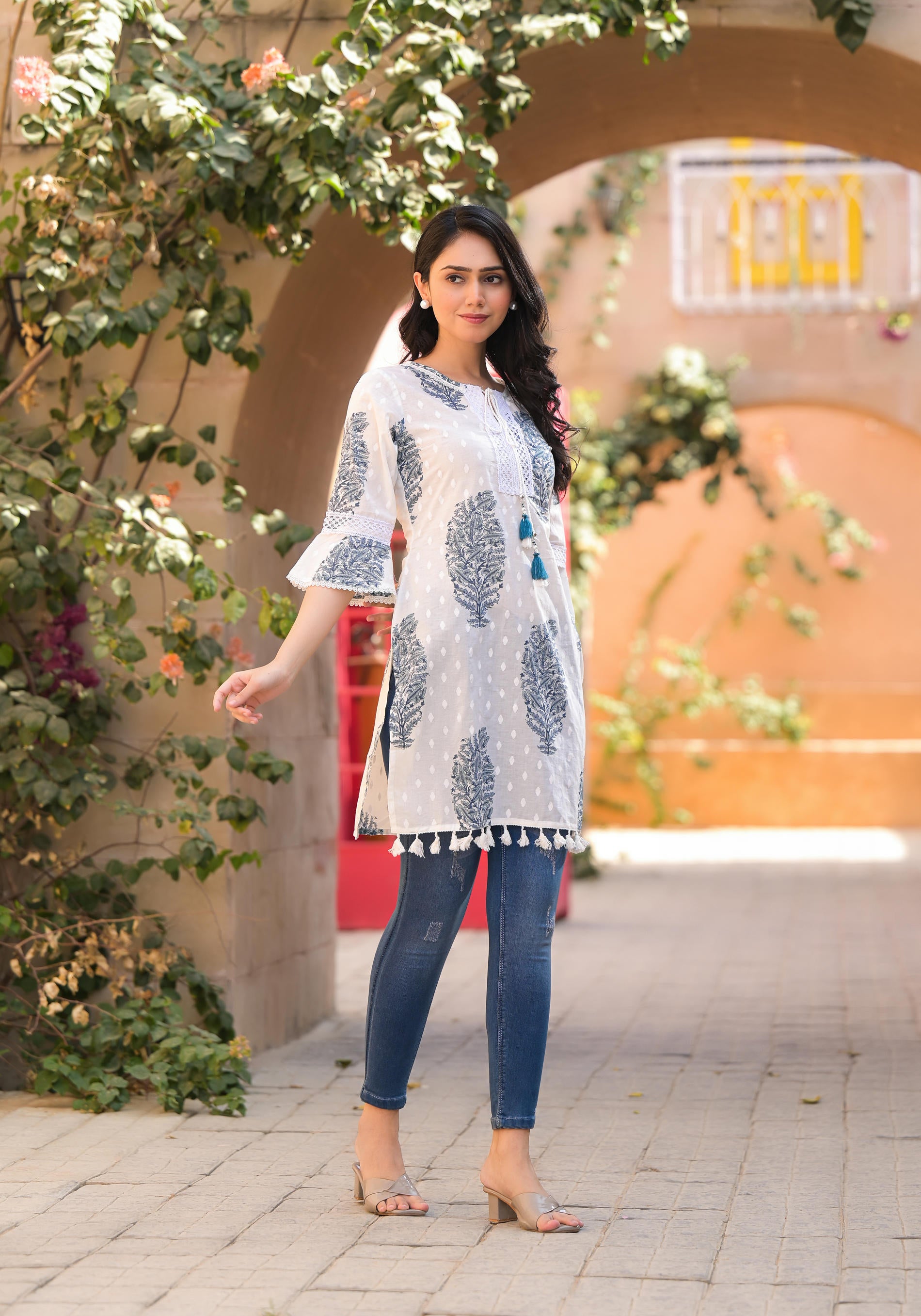 Azure Breeze Cotton Tassel Kurta-P1005WHITE