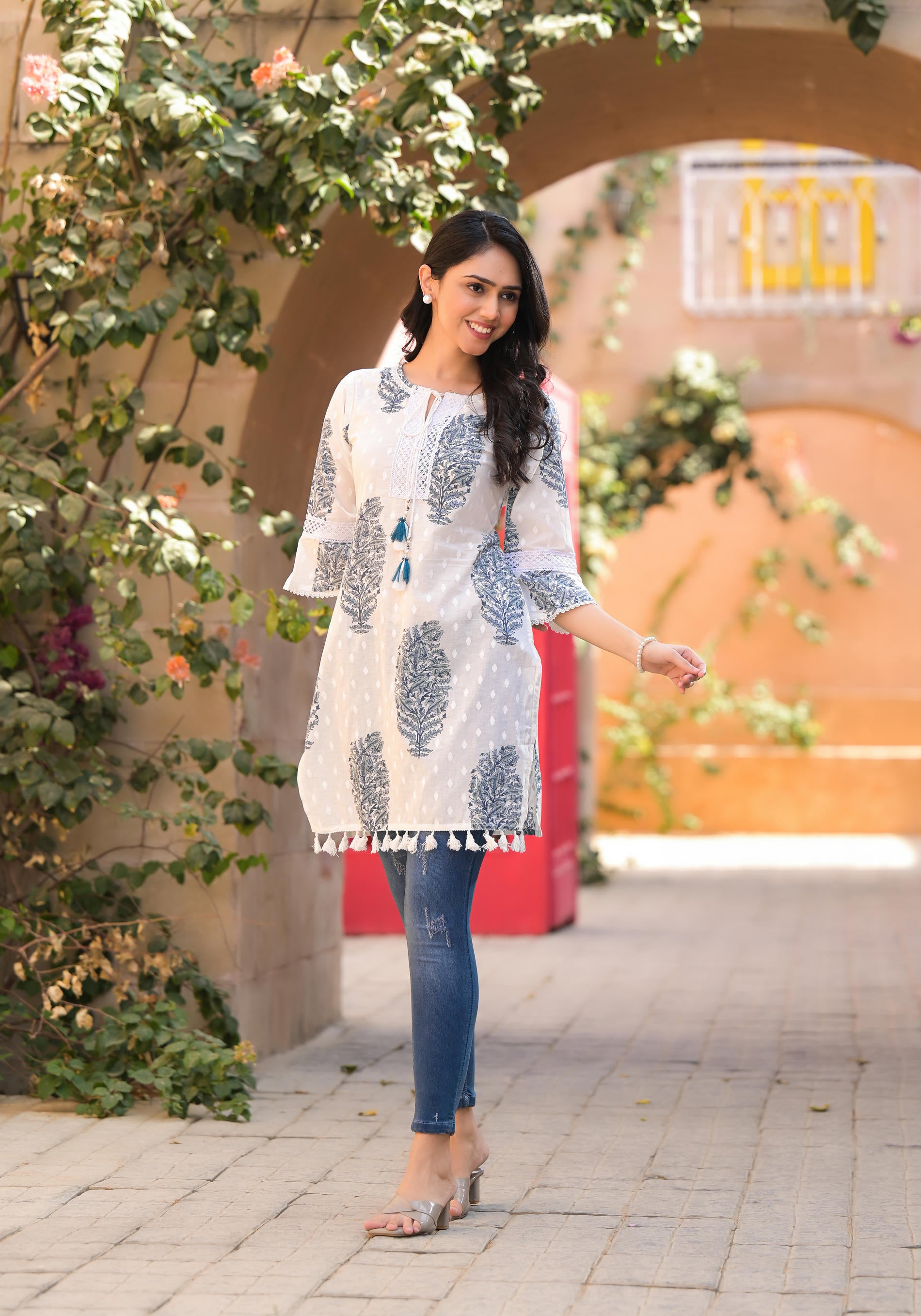Azure Breeze Cotton Tassel Kurta-P1005WHITE