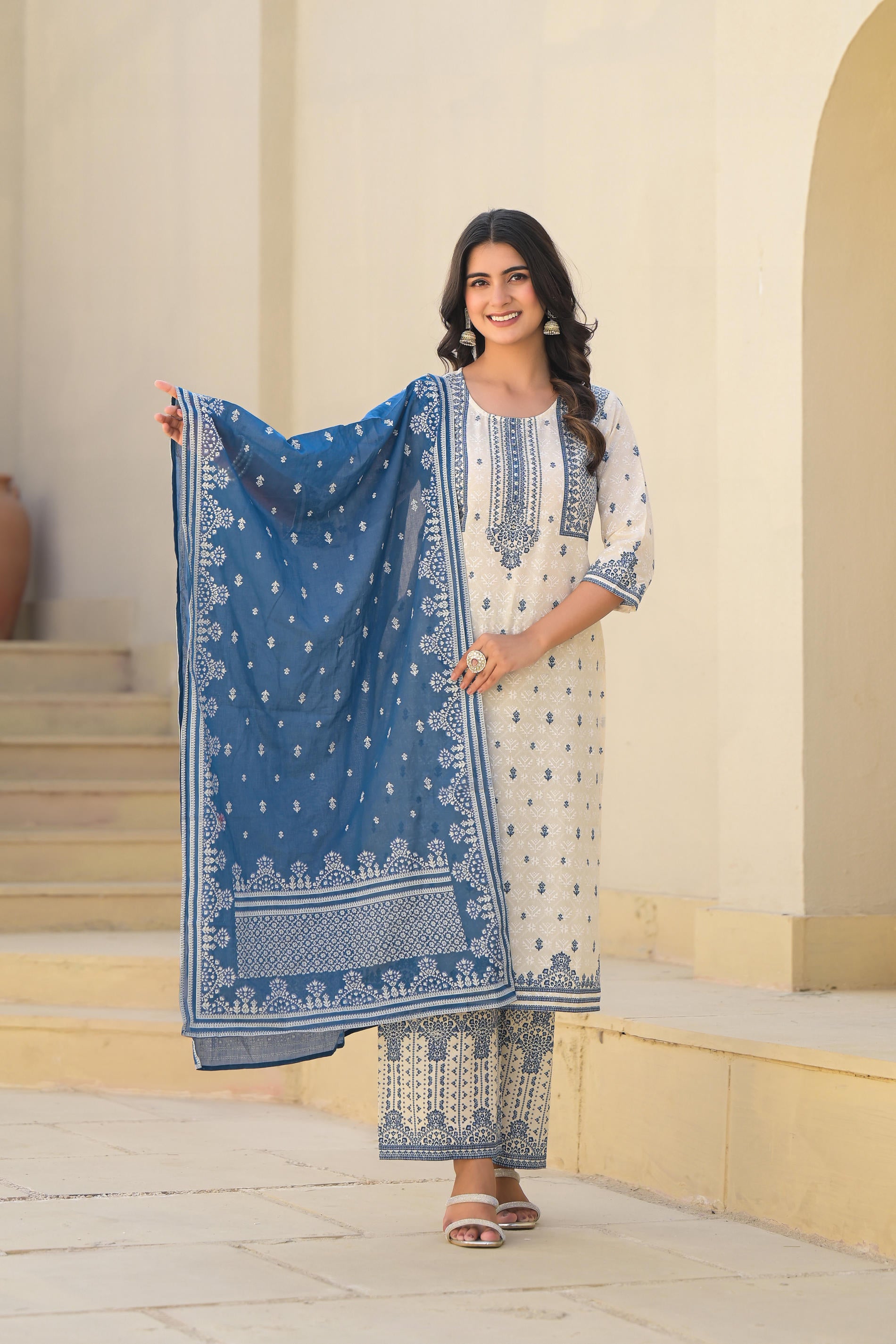 Ivory & Indigo Serenity Block Print Cotton Suit Set-P1008IVORY_OF