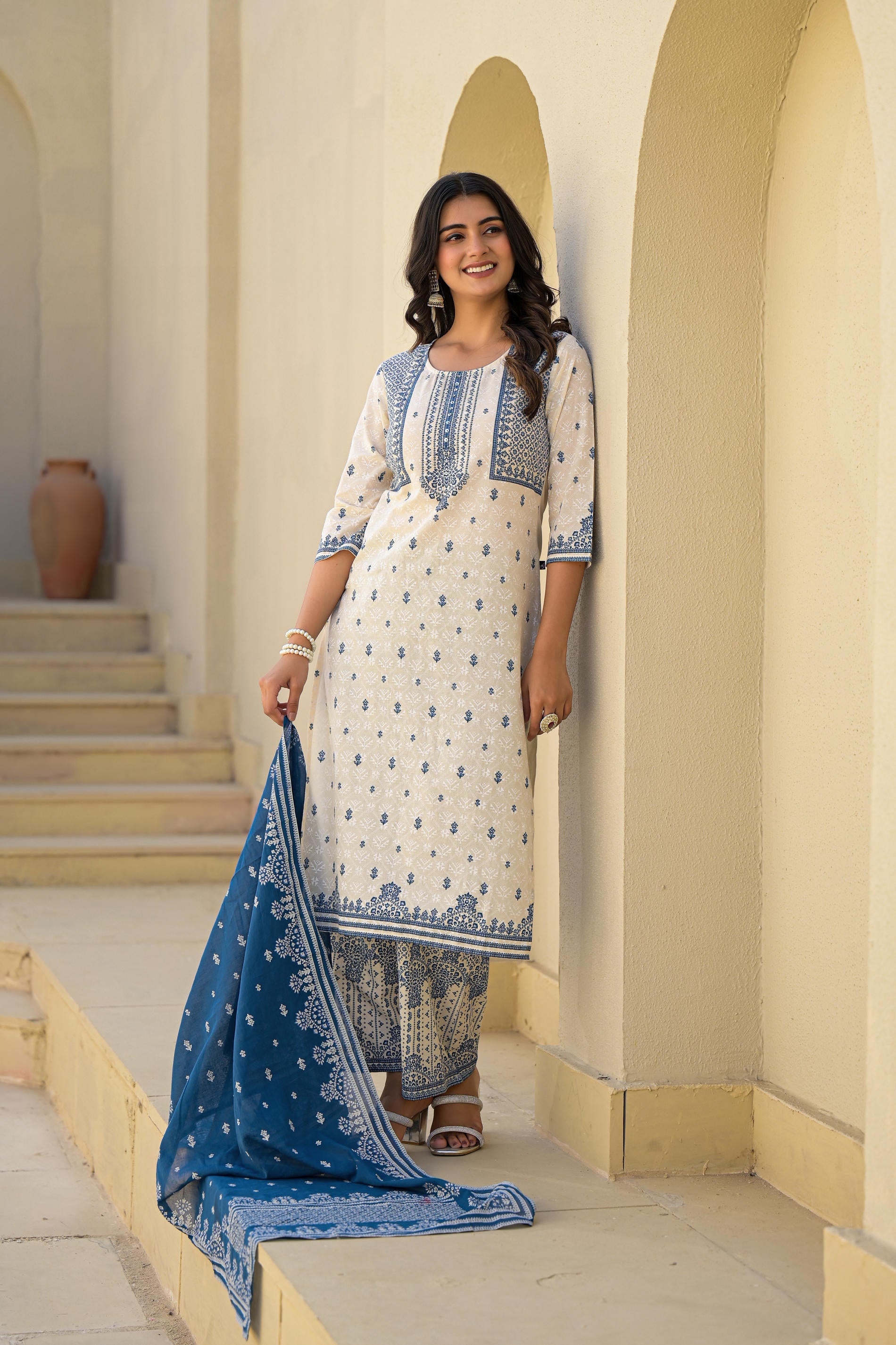 Ivory & Indigo Serenity Block Print Cotton Suit Set-P1008IVORY_OF