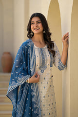 Ivory & Indigo Serenity Block Print Cotton Suit Set-P1008IVORY_OF