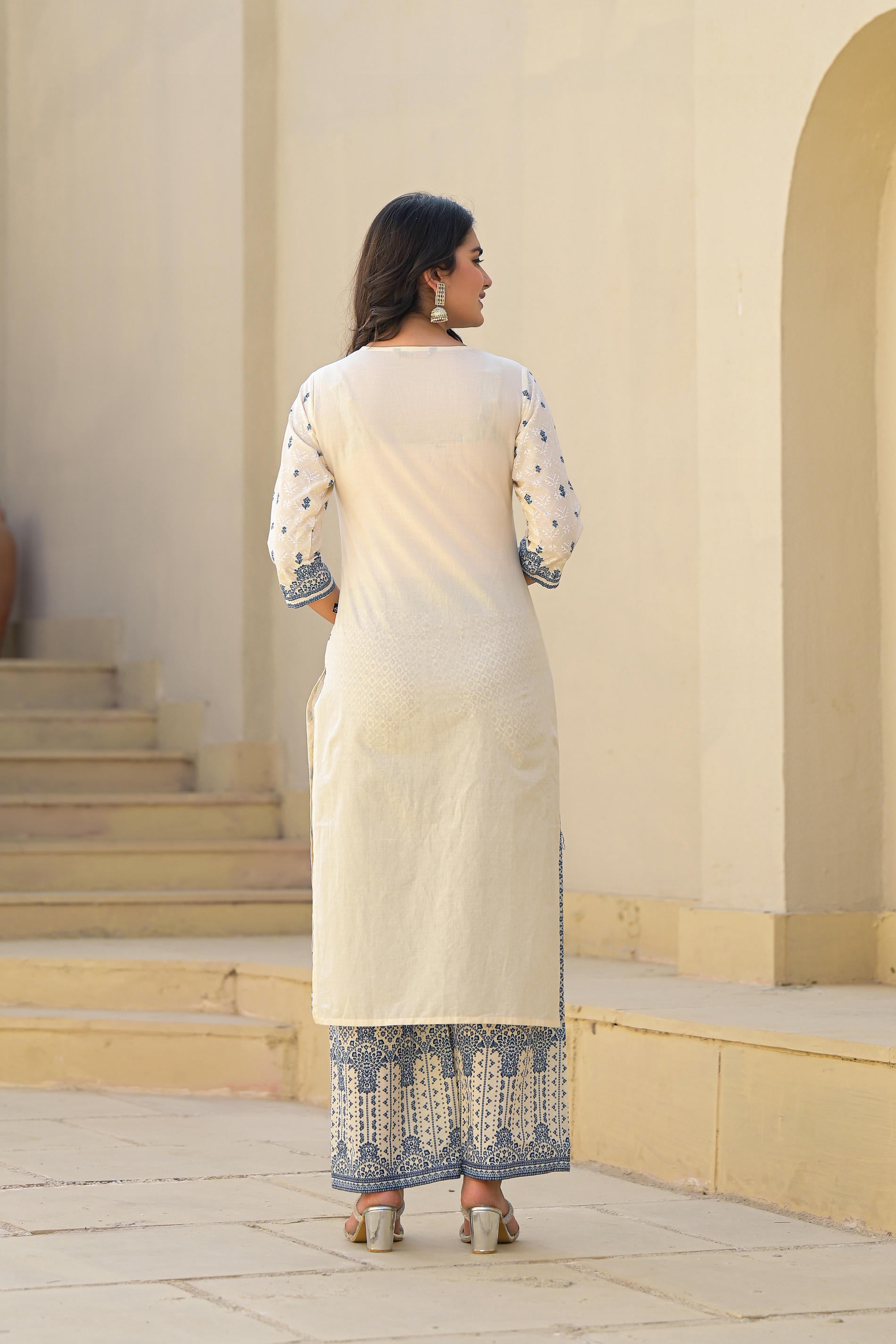 Ivory & Indigo Serenity Block Print Cotton Suit Set-P1008IVORY_OF