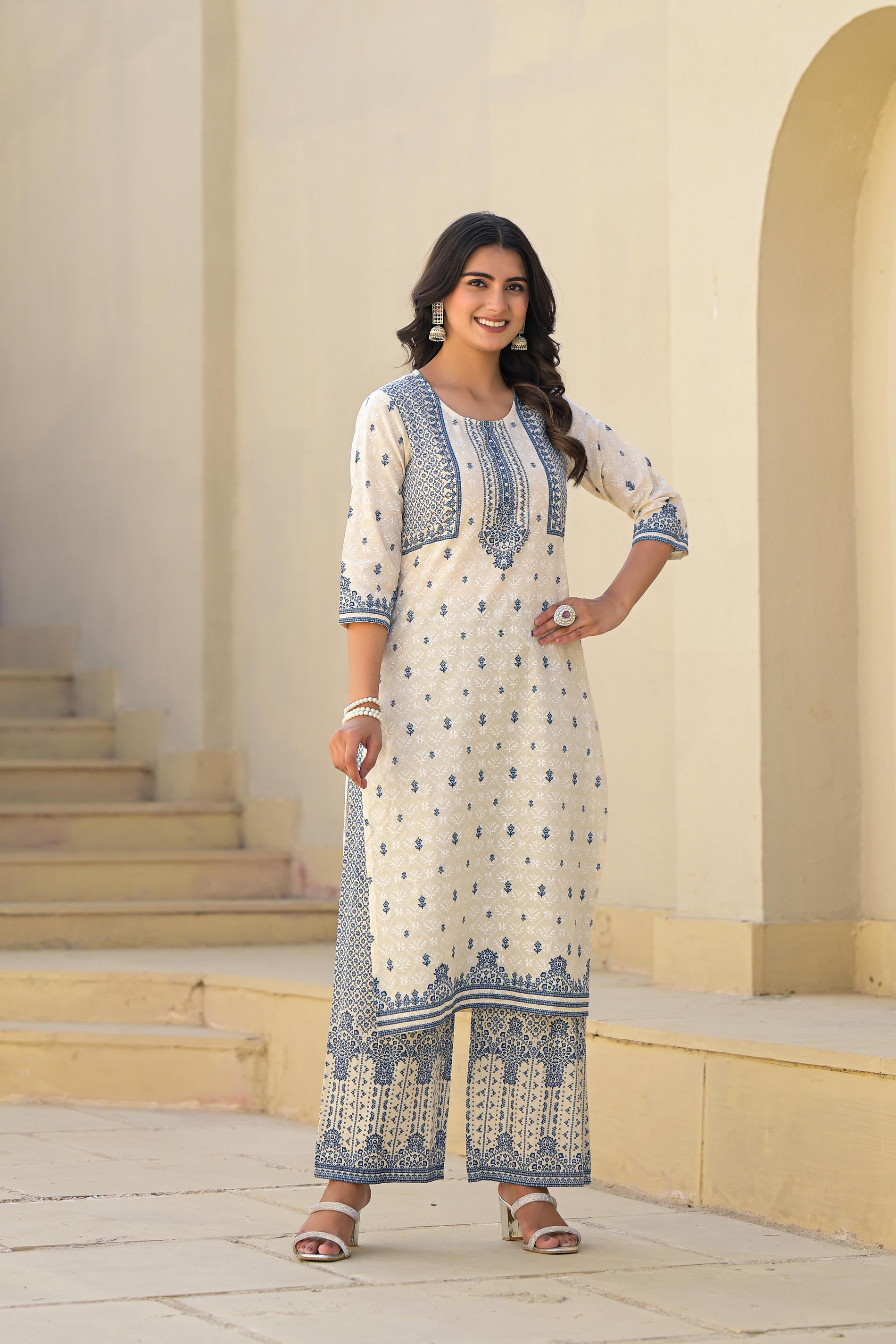 Ivory & Indigo Serenity Block Print Cotton Suit Set-P1008IVORY_OF