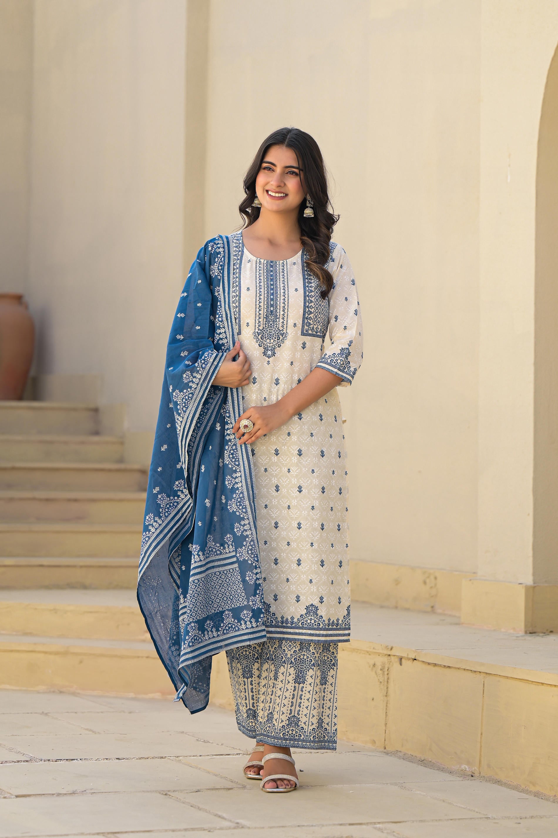 Ivory & Indigo Serenity Block Print Cotton Suit Set-P1008IVORY_OF
