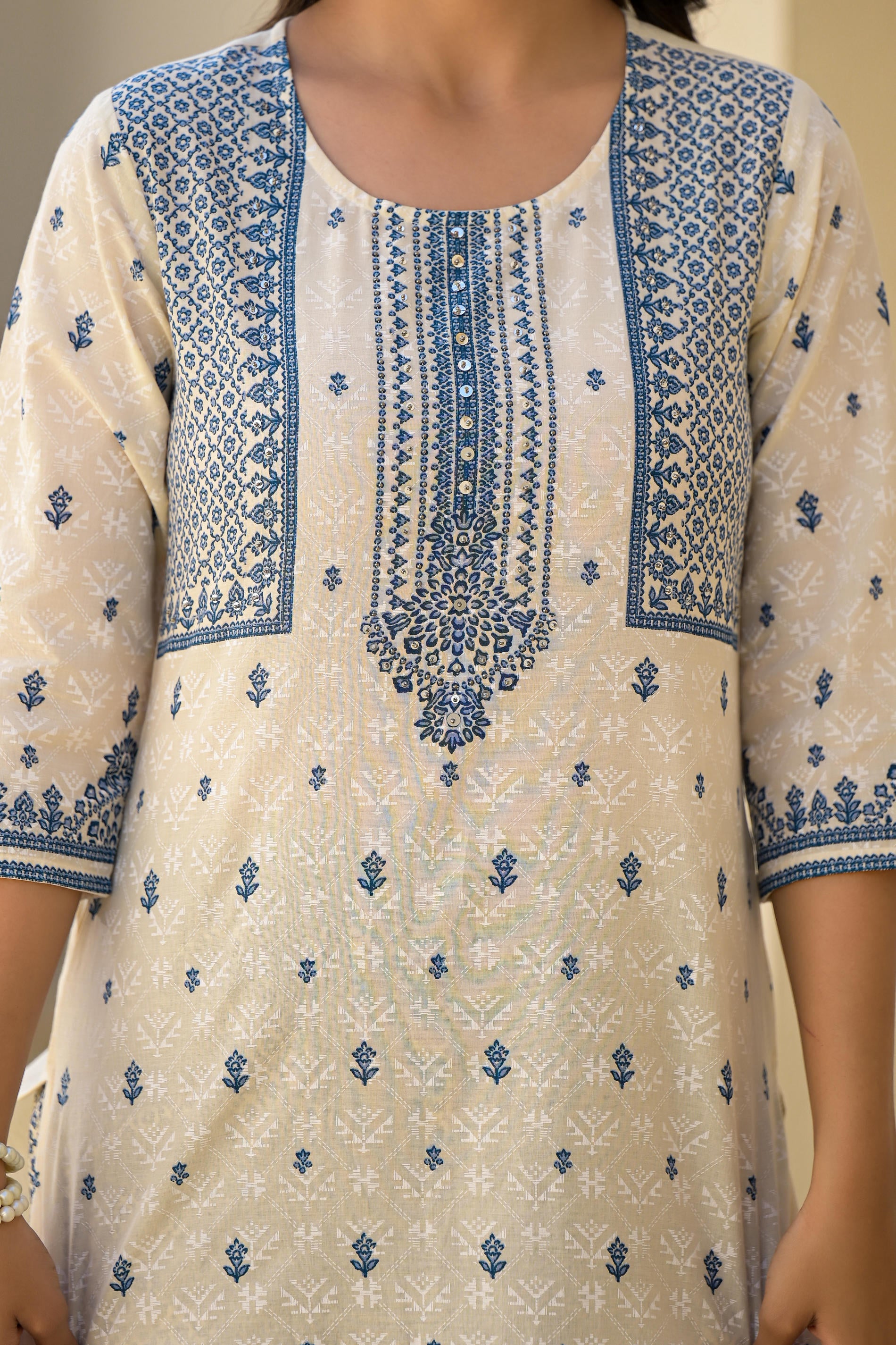 Ivory & Indigo Serenity Block Print Cotton Suit Set-P1008IVORY_OF