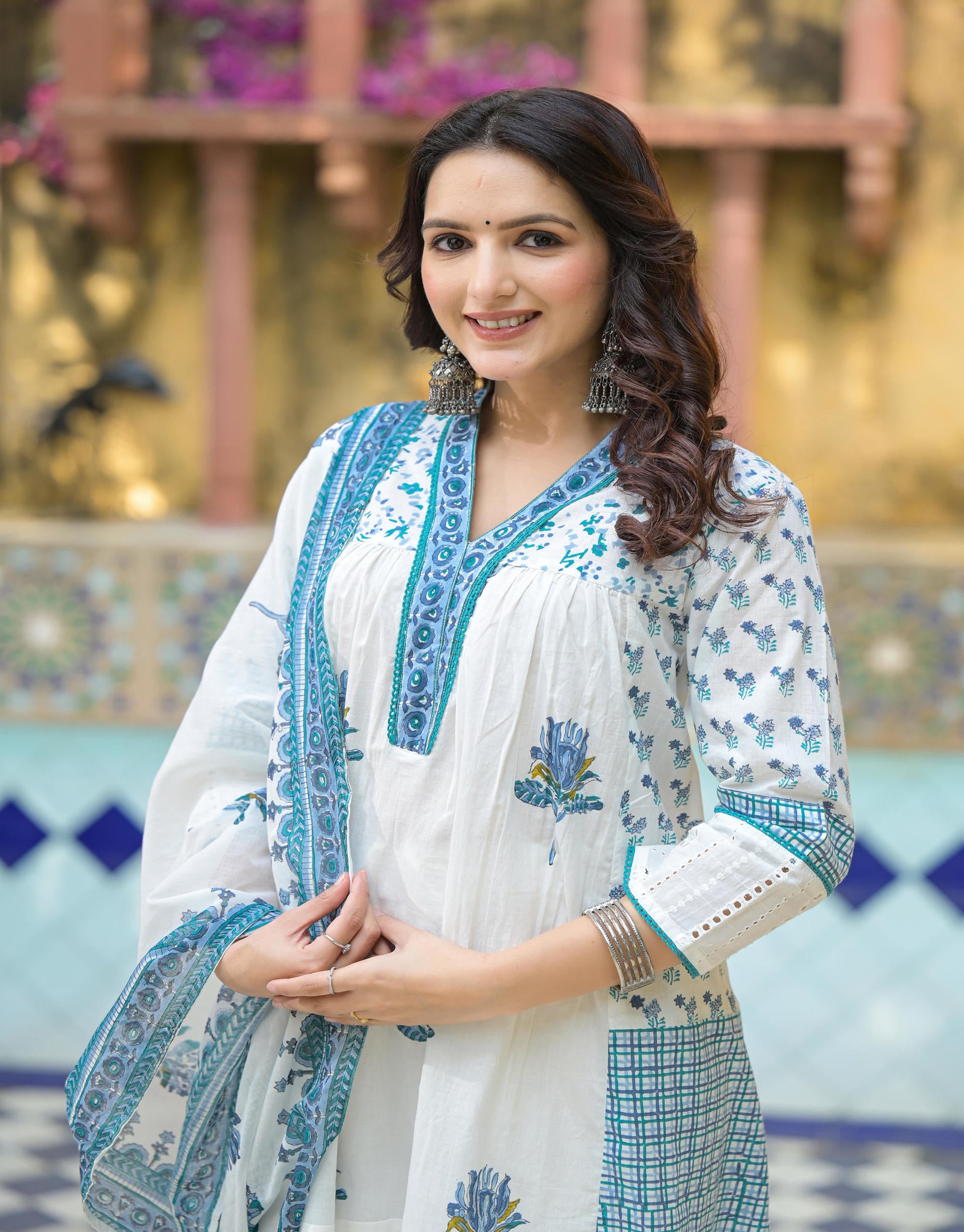 White Floral Printed Cotton A-line Kurta Pant And Dupatta Set  