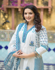 White Floral Printed Cotton A-line Kurta Pant And Dupatta Set-P1013WHITE_OF
