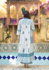 White Floral Printed Cotton A-line Kurta Pant And Dupatta Set-P1013WHITE_OF