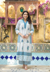 White Floral Printed Cotton A-line Kurta Pant And Dupatta Set-P1013WHITE_OF