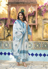White Floral Printed Cotton A-line Kurta Pant And Dupatta Set-P1013WHITE_OF