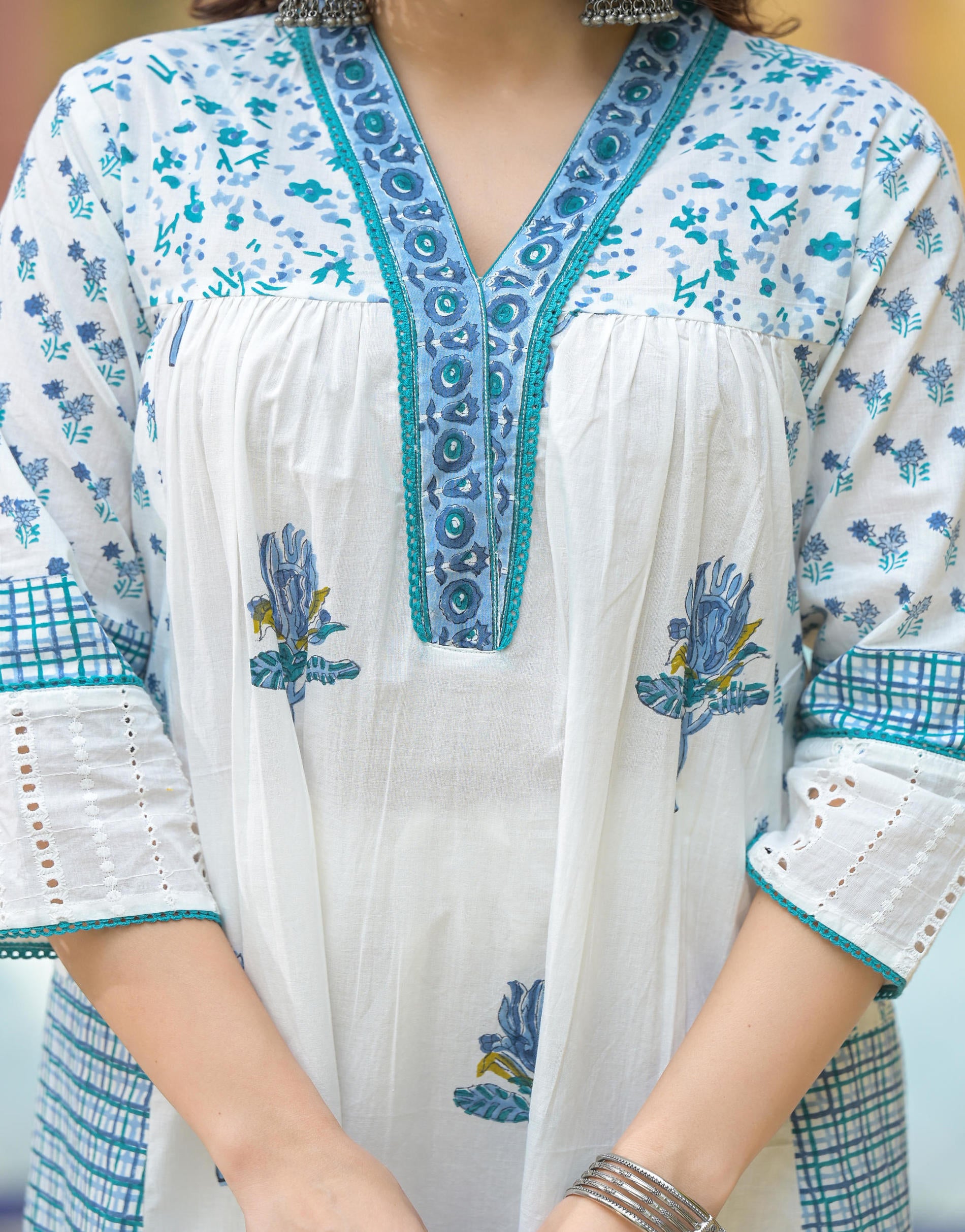 White Floral Printed Cotton A-line Kurta Pant And Dupatta Set  