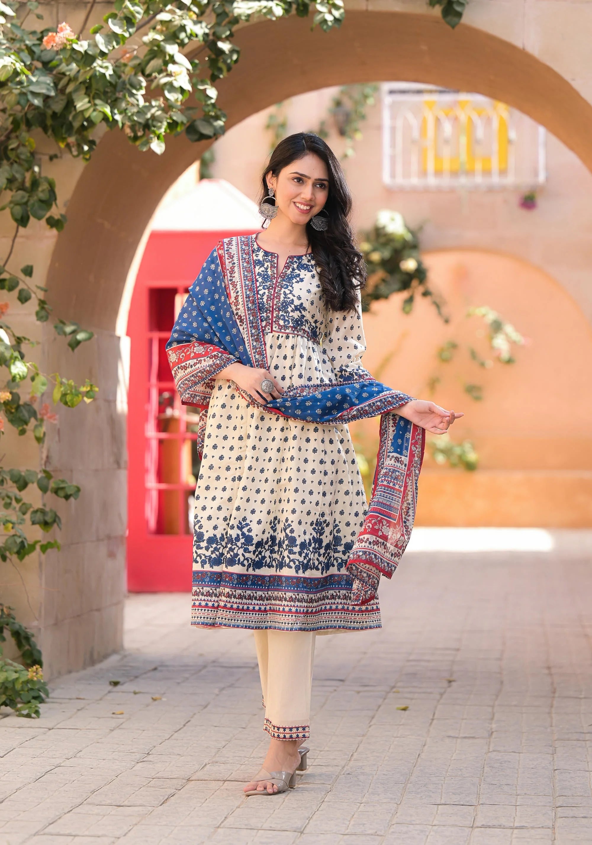 Ivory Floral Chanderi Suit Set with Sequins | Indian Suits