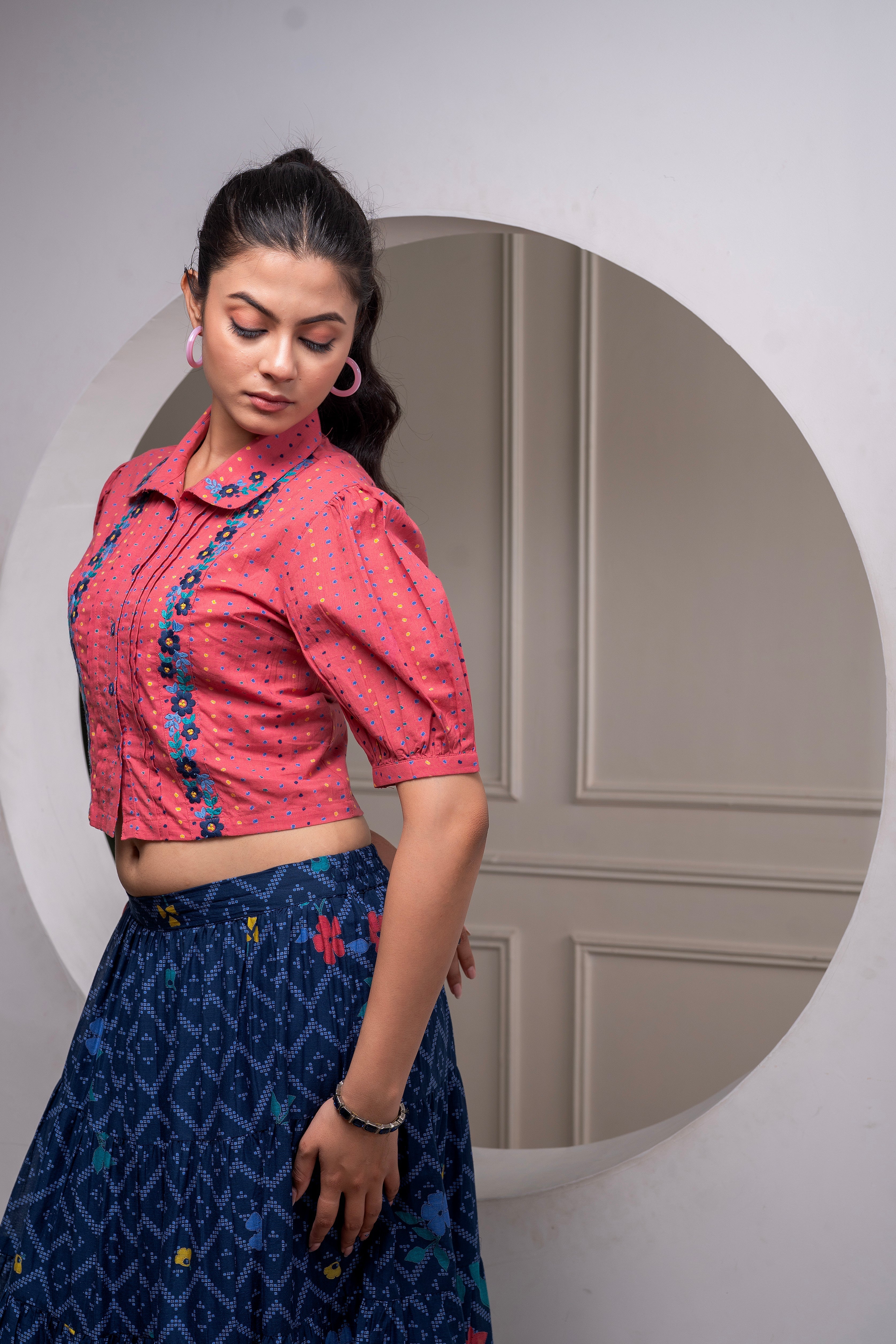 Indigo Cotton Embroidered Top & Printed Skirt Set with Zig Zag Motifs 