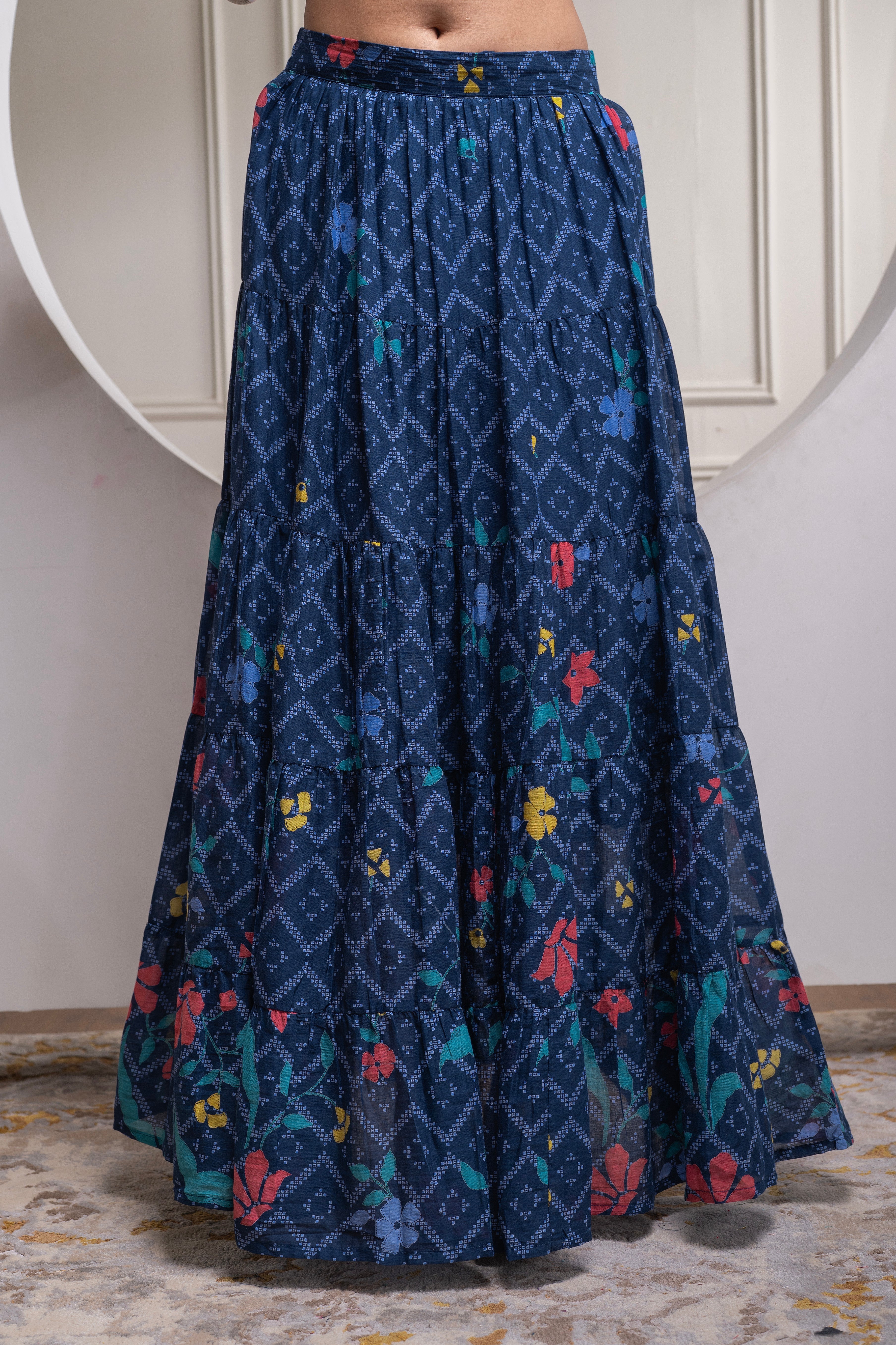 Indigo Cotton Embroidered Top & Printed Skirt Set with Zig Zag Motifs 