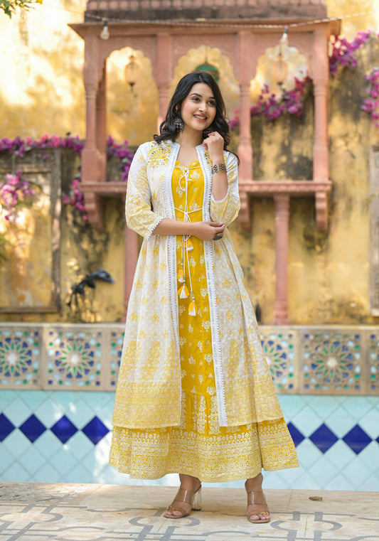 Mustard Ethnic Motif Printed Cotton Kurta & Shrug With Doris 2000