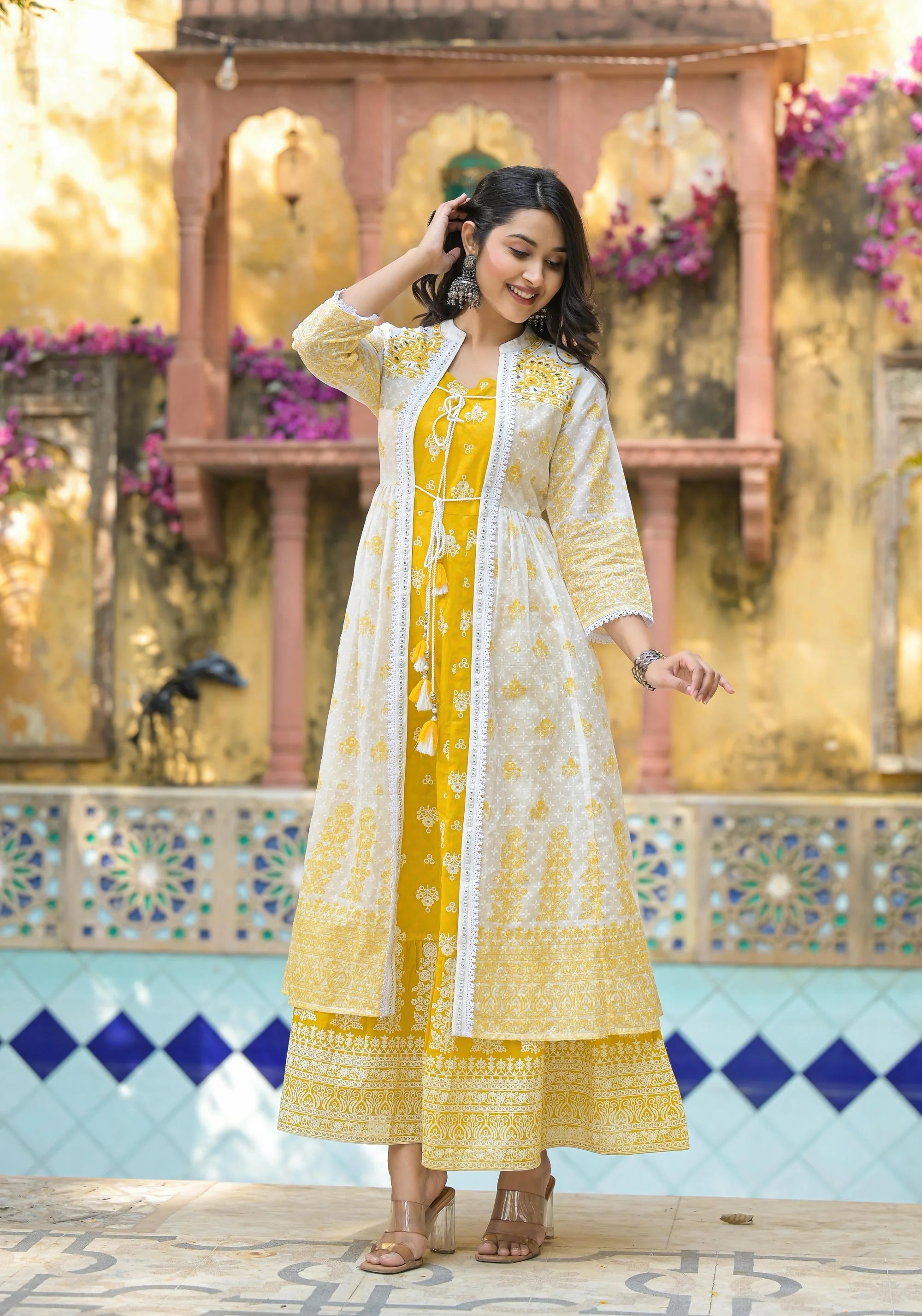 Mustard Cotton Kurta Shrug Set | Indian Dresses Online