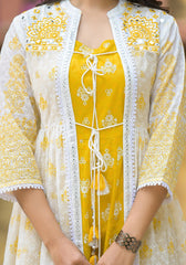 Mustard Ethnic Motif Printed Cotton Kurta & Shrug With Doris