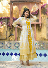 Mustard Ethnic Motif Printed Cotton Kurta & Shrug With Doris-P1024MUSTARD