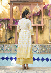 Mustard Ethnic Motif Printed Cotton Kurta & Shrug With Doris-P1024MUSTARD