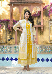 Mustard Ethnic Motif Printed Cotton Kurta & Shrug With Doris-P1024MUSTARD