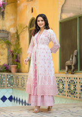 Pink Ethnic Motif Printed Cotton Kurta & Shrug With Doris-P1024PINK