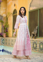 Pink Ethnic Motif Printed Cotton Kurta & Shrug With Doris-P1024PINK