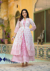 Pink Ethnic Motif Printed Cotton Kurta & Shrug With Doris-P1024PINK