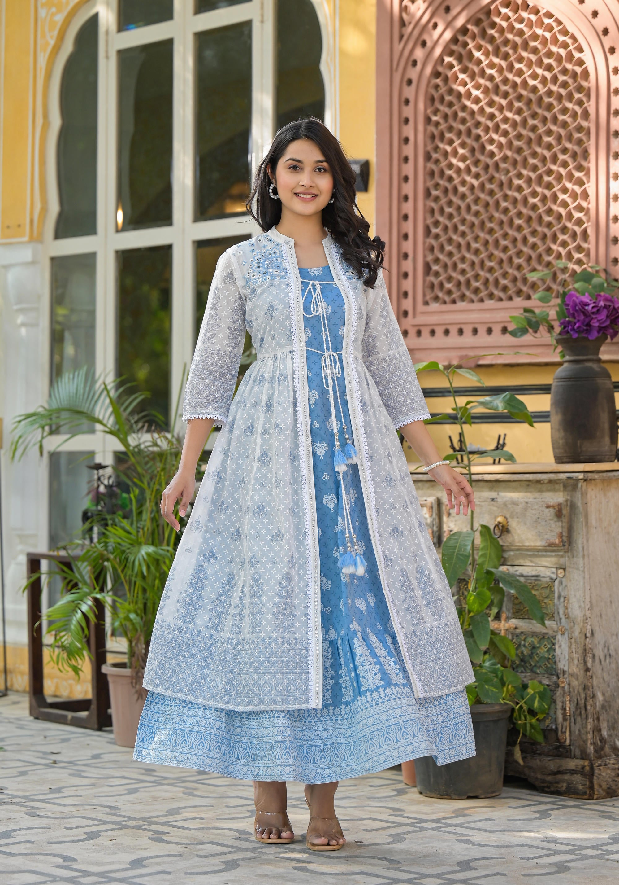 Azure Blossom Layered Cotton Anarkali Dress with Printed Jacket-P1024POWDERBLUE