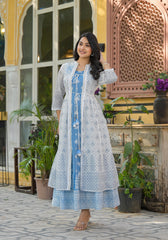Azure Blossom Layered Cotton Anarkali Dress with Printed Jacket-P1024POWDERBLUE