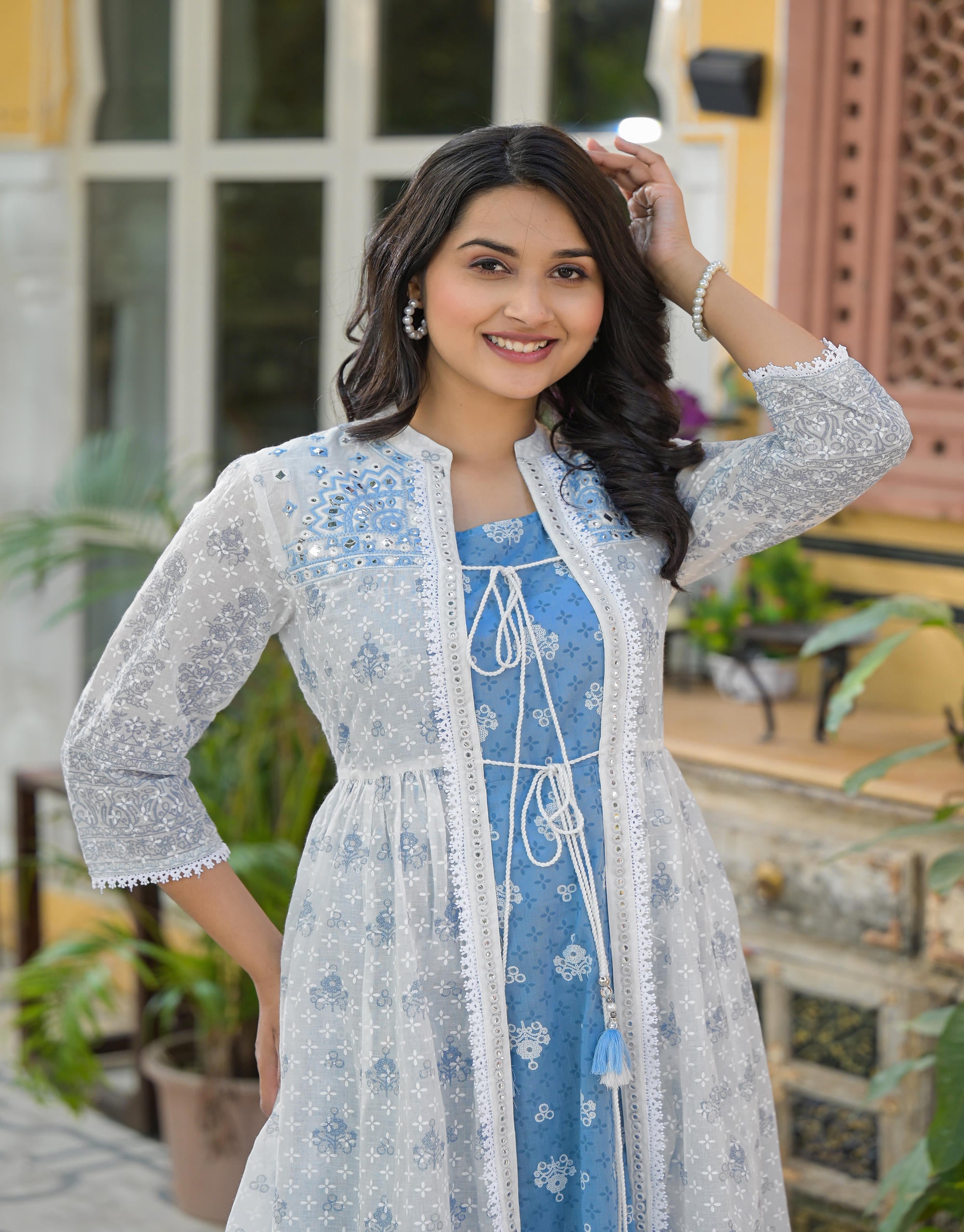 Azure Blossom Layered Cotton Anarkali Dress with Printed Jacket-P1024POWDERBLUE