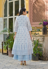 Azure Blossom Layered Cotton Anarkali Dress with Printed Jacket-P1024POWDERBLUE
